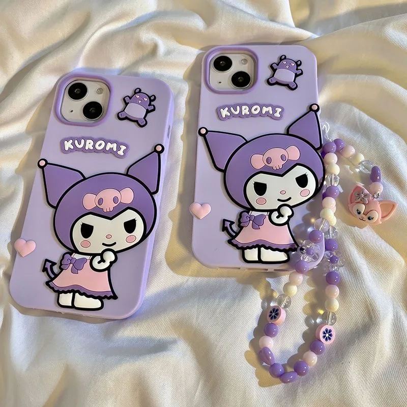 

3D Cartoon Sanrio Kuromi With Bracelet Silica gel Soft Phone Cases For iPhone 14 13 12 11 Pro Max Shockproof Shell Y2k Girl Gift