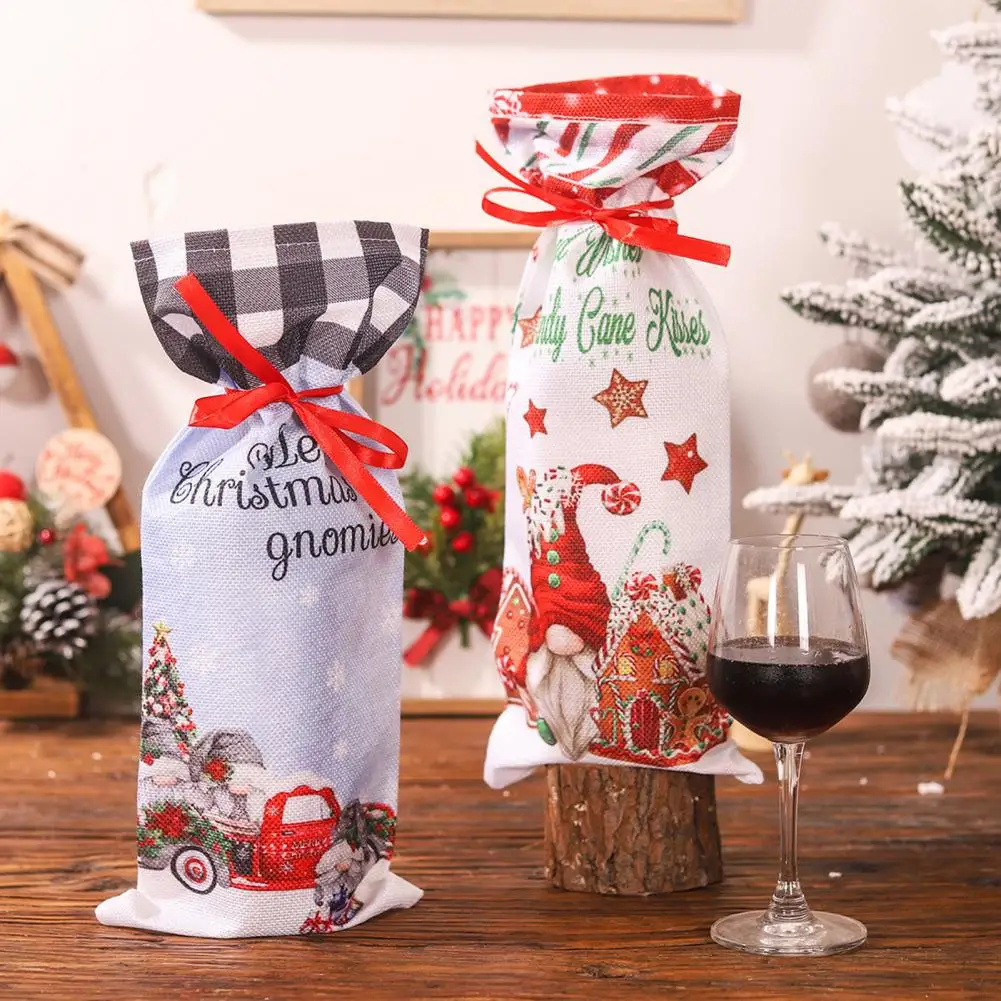 

Gnome House Car Pattern Wine Bottle Cover Drawstring Cloth Wine Bottle Sleeve Merry Christmas Decoration Xmas Table Decor