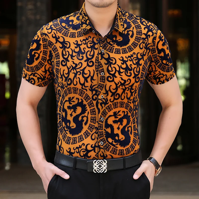 

Shirts High Silk Quality Men's Summer Dragon Tattoo Design Short Sleeve Business Casual Floral Print Dress Slim Soft Thin Comfor