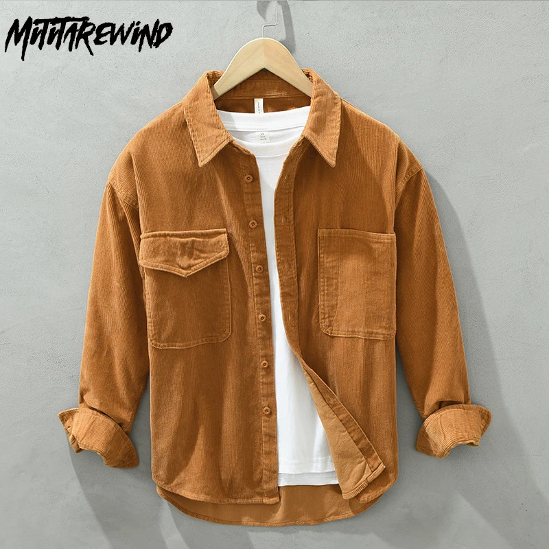 

Рубашка-карго мужская с длинным рукавом, чистый хлопок, Повседневная Свободная Вельветовая кофейная рубашка, винтажная одежда, весна-осень