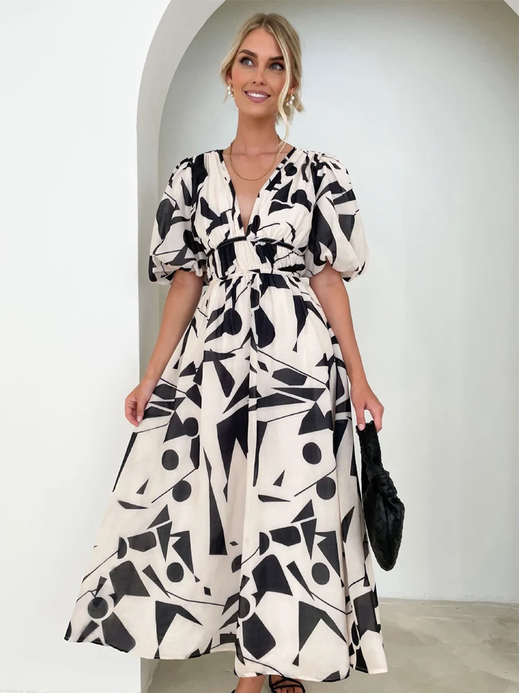 2023 AliExpress Women's Summer New V-neck Waist Wrapped Casual Elegant Dress Printed Women's Dress