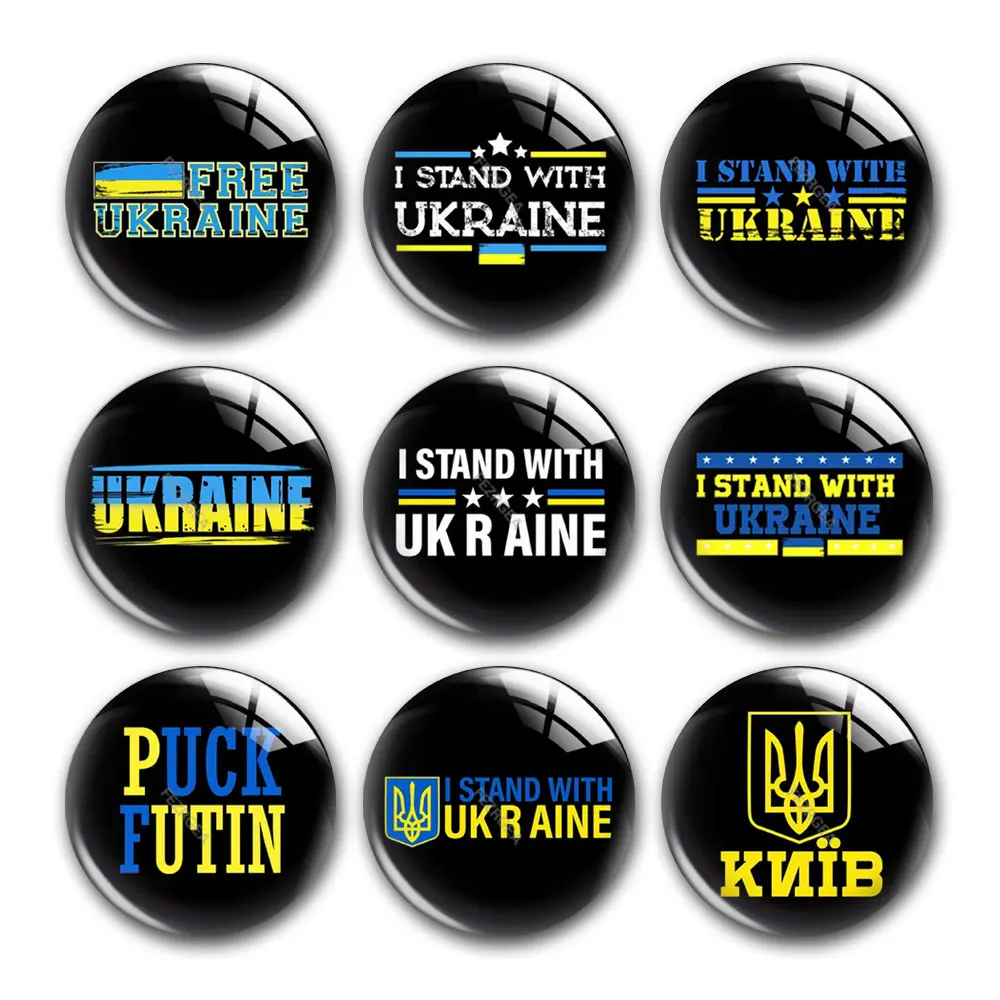 

I Stand With Ukrain Bule Yellow Round Photo Glass Cabochon Demo Flat Back DIY Jewelry Making Supplies Keychain Snap Button