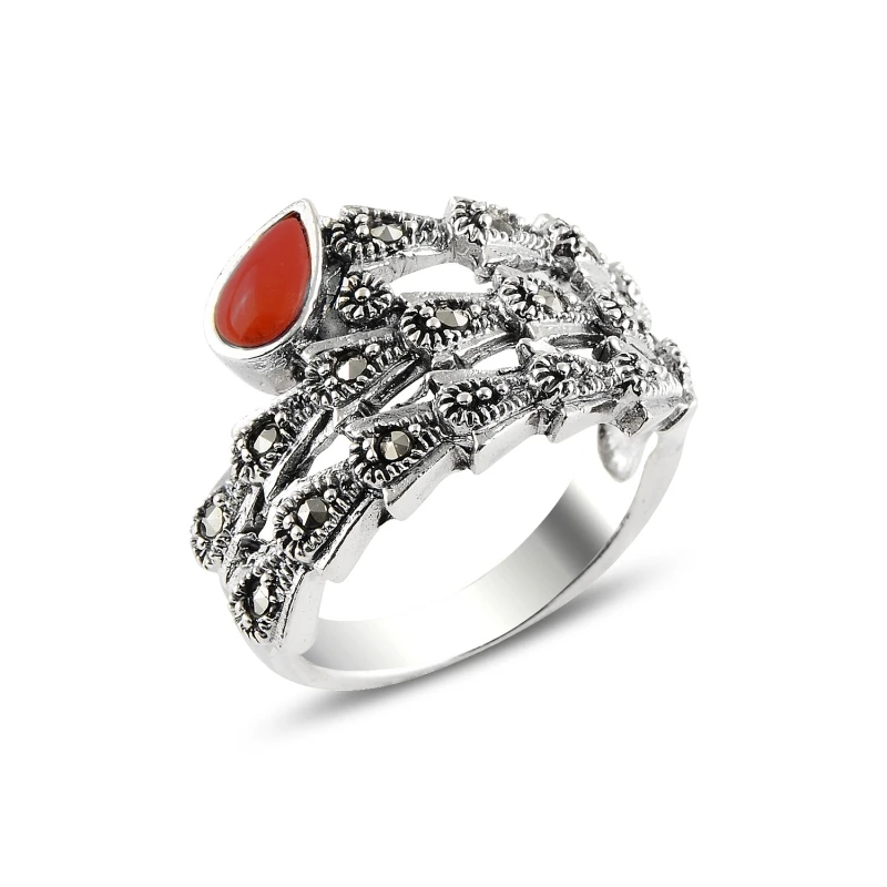 

Серебряное кольцо с красным агатом и марказитом