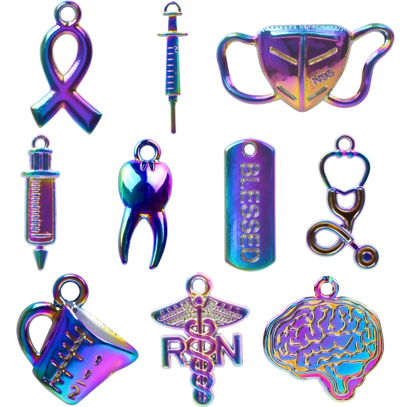10Pcs Punk Charms Medical Tools Mask Tooth Brain Alloy Rainbow Color Pendant Charms For Jewelry Making Finding DIY Bulk Supplies
