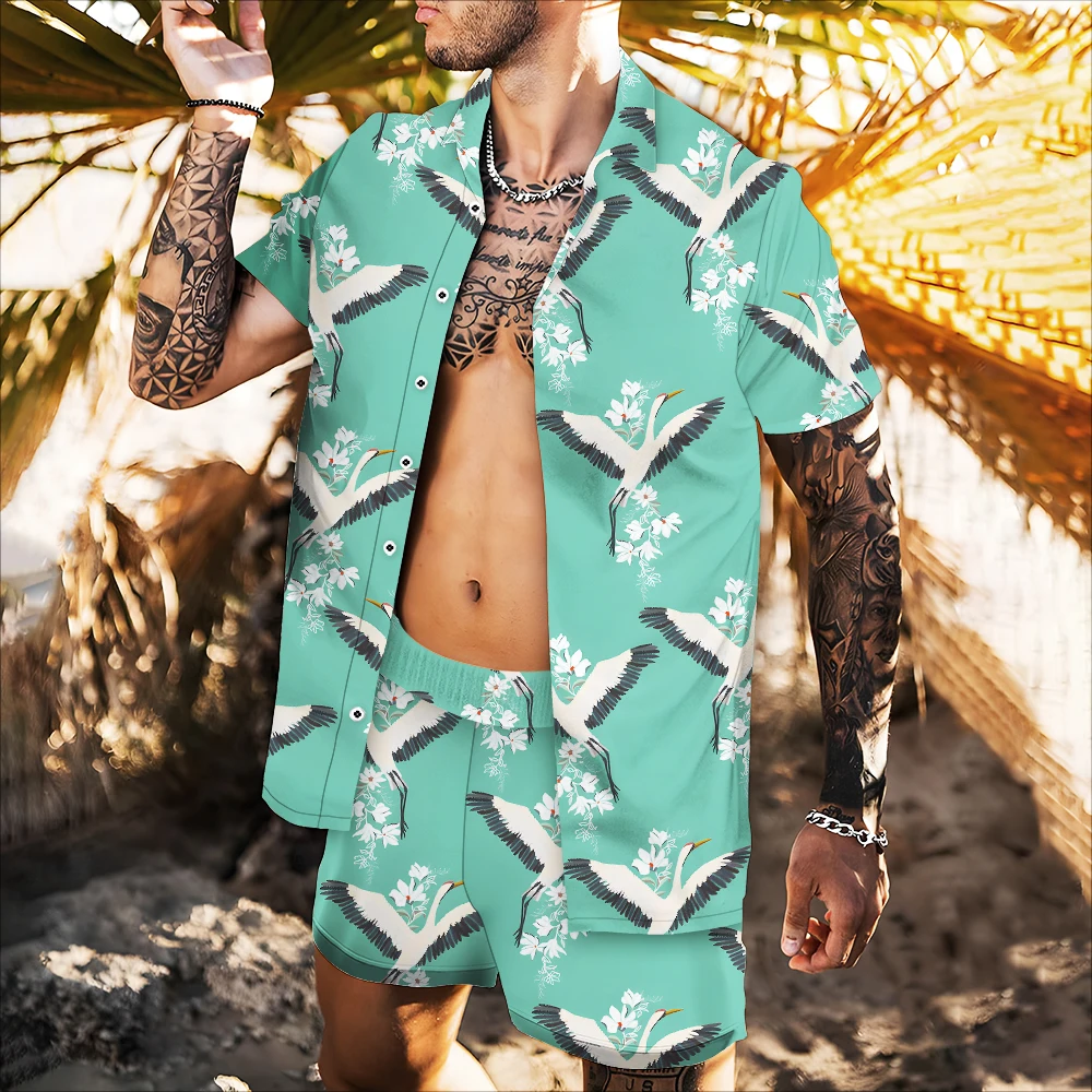 

Гавайская рубашка с цветами большого размера, шорты, мужской летний трендовый пляжный костюм из двух предметов, свободная рубашка с коротким рукавом, Мужской Топ