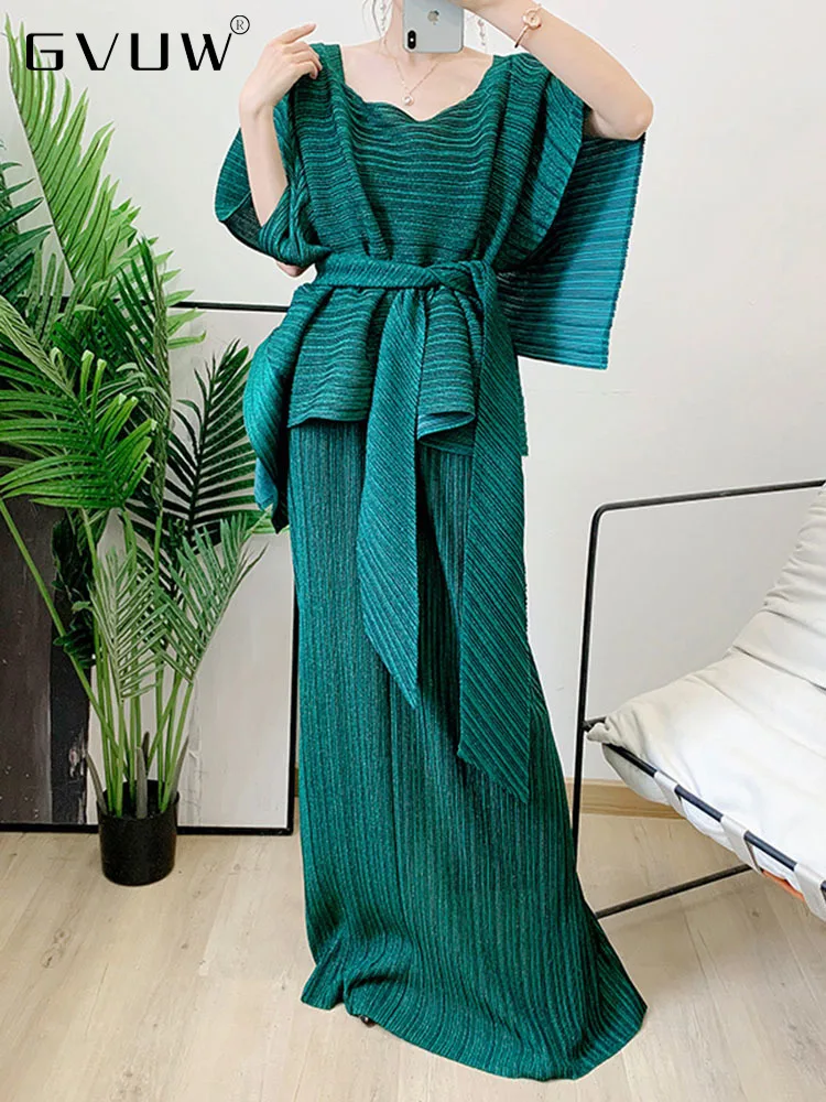 

GVUW Pleated Two Pieces Set Women Irregular Belt Top Solid Color Elastic Waist Skirt 2022 Summer Female Festival Clothing17D1829