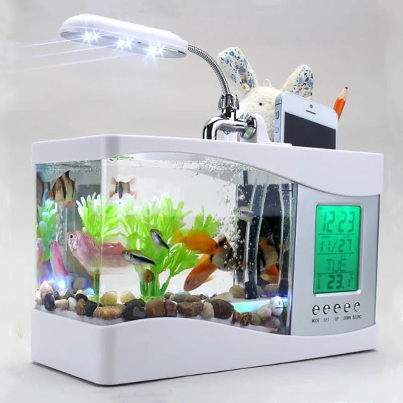 

Fish Tank USB Mini Aquarium Creative Desktop Aquarium Bowls Ecosystem with LED Desk Lamp Light Calendar Alarm Clock Display