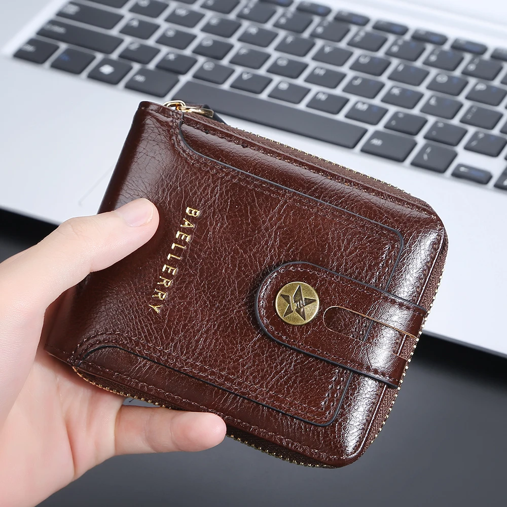 

Baellerry Vintage Small Wallet Men Leather Short Zipper Coin Purse Man Hasp Card Holder Clutch Solid Wallet for Men Porte Carte