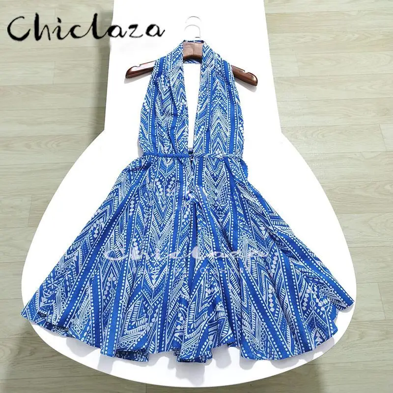 

CHICLAZA 2022 Summer Woman Fashion Printing Halterneck Collar Dresses Female Without Sleeve Vacation Backless Vintage Dress