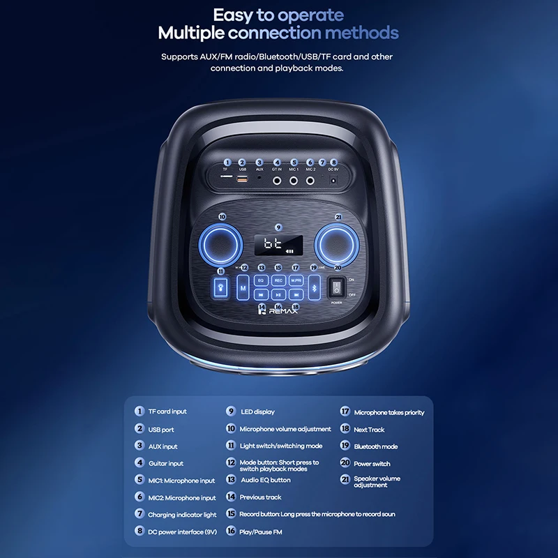 Фото Портативная караоке-колонка REMAX RB-MB21 120W с двумя беспроводными микрофонами, Bluetooth-колонка для вечеринок на открытом воздухе с RGB-подсветкой №3