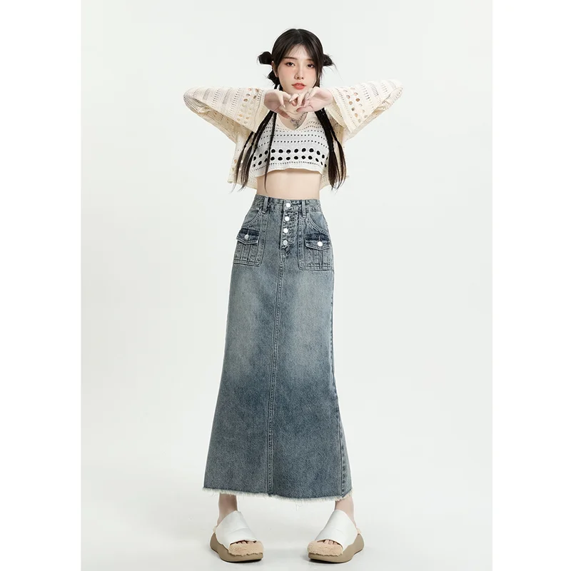 

Retro Raw Hem Denim Skirt for Women In Spring 2023 New High Waist Sense of Design Temperament Appear Thin Versatile A-line Skirt