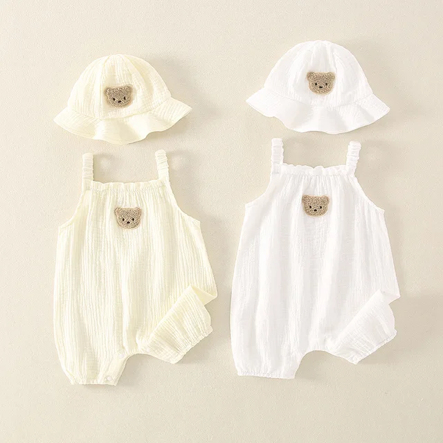 2PCS Summer Baby Clothes Set With Cap Toddler One Piece Cute Bear Sling Romper Fisherman Hat Infant Girl Boy Jumpsuit Outfit 1