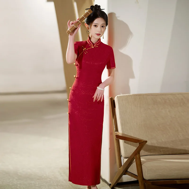 

Yourqipao Summer 2023 Long Cheongsam Retro Short-sleeved Banquet Catwalk Performance Qipao Chinese Style Evening Dress for Women