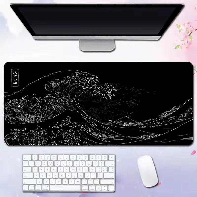 

Large Black Mouse Pad The Great Wave off Kanagawa Painting Big Gaming Mouse Mat Non-Slip Rubber Base Computer Keyboard Mat