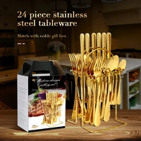 24pcs stainless steel tableware set gift box luxury color handle knife fork spoon flatware rack kitchen accessories cutlery set