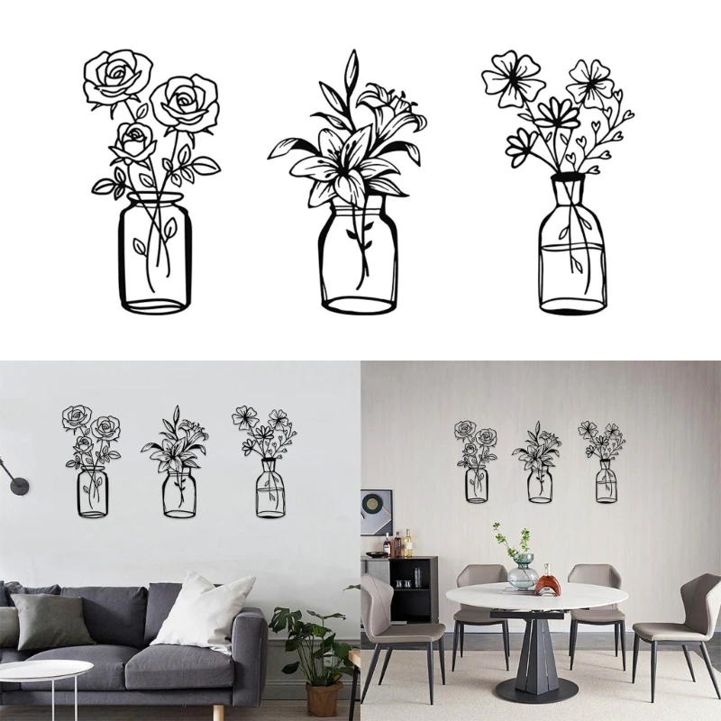 

3pcs Metal Flower Vase Wall Decor Black Floral Wall Sculpture for Living-Room Bathroom Bedroom Decoration Interior Decor