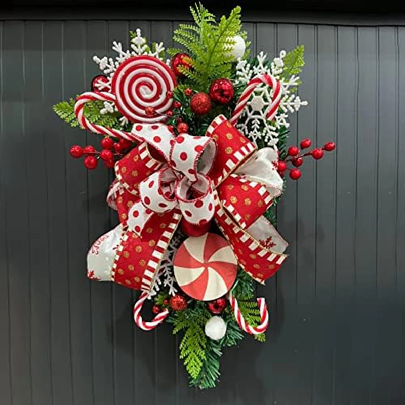 

Рождественский каплеобразный цветочный с конфетным бантом и красными ягодами, подвесной Рождественский каплеобразный венок, искусственная КАПЛЕВИДНАЯ дверь, простой в использовании