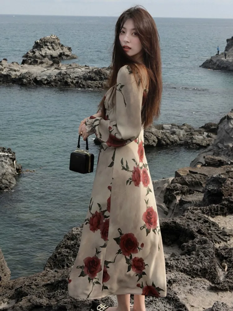 Женское вечернее платье с цветочным принтом элегантное цельное