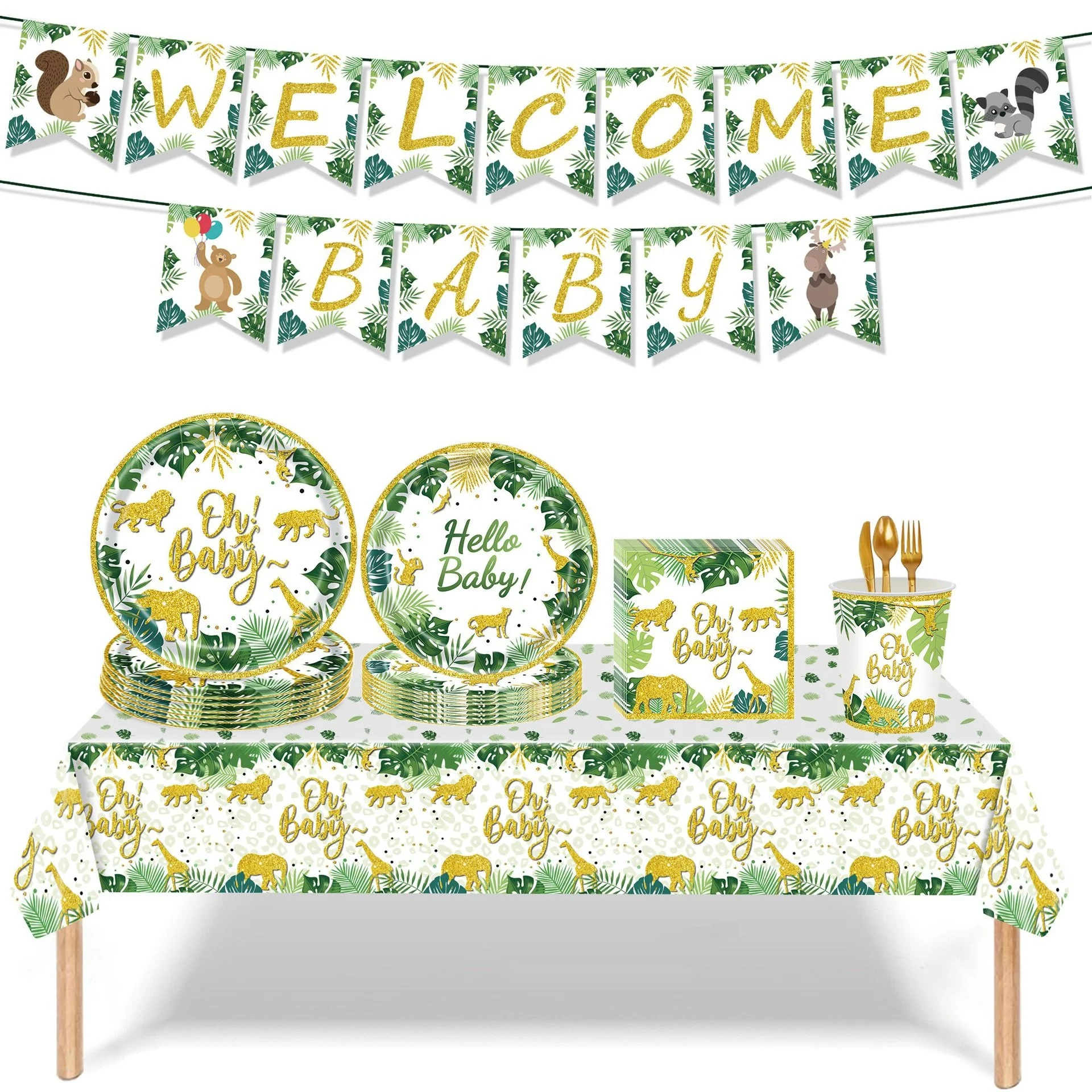 

Summer ohbaby Disposable Cutlery Set Tropical Jungle Animal Paper Plate Cup Tablecloth Party Decor Cutlery Set Cake Pan