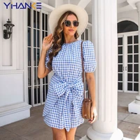 female solid colored fashion hot sale plaid lantern sleeve knotted mini dress cute summer new casual womens dresses
