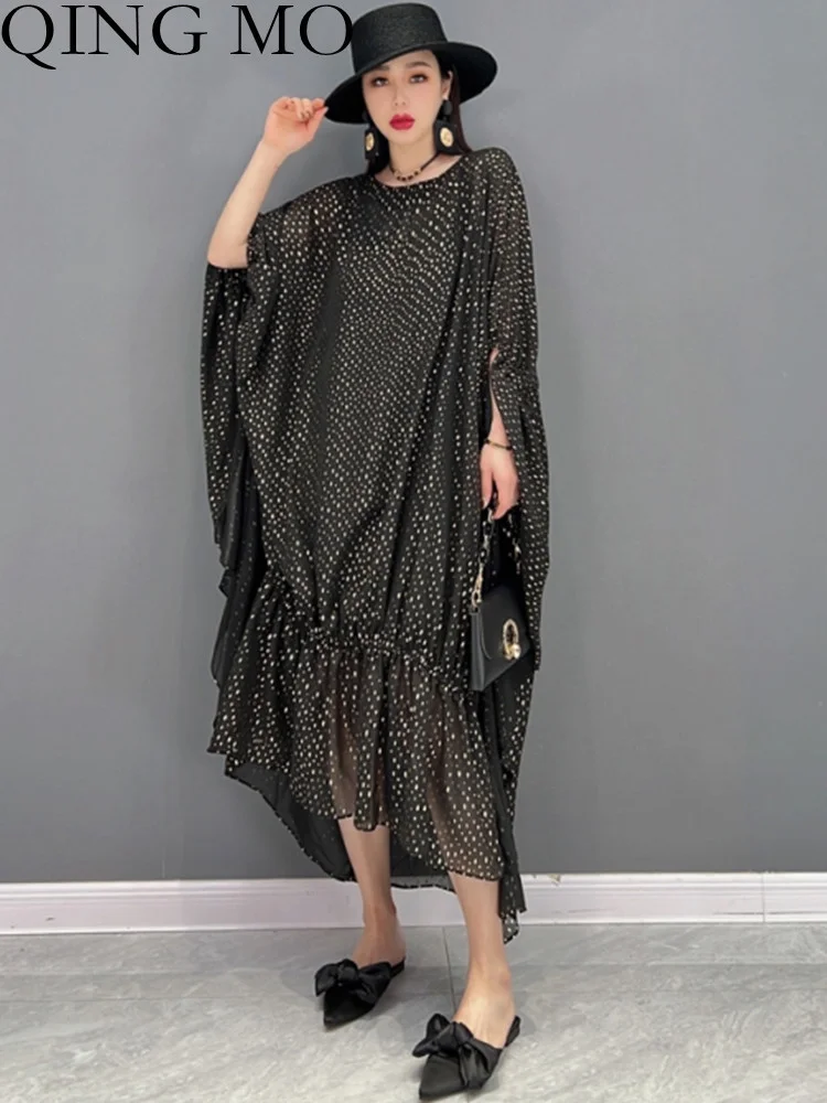 

QING MO 2023 Spring Summer New Fashion Dress Casual Dot Mesh Temperament Loose Women's Wear ZXF1197