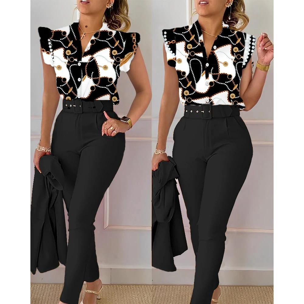 

Summer Women Chain Print Colorblock Flutter Top & High Waist Pants Set 2023 Femme Casual O-Neck Skinny Outfits Office Streetwear