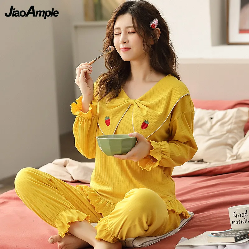 Spring Autumn Cotton Pajamas Women's Elegant Pijamas Set Korean Cartoon Cute Sleepwear Female Casual Nightie Home Clothes Suit