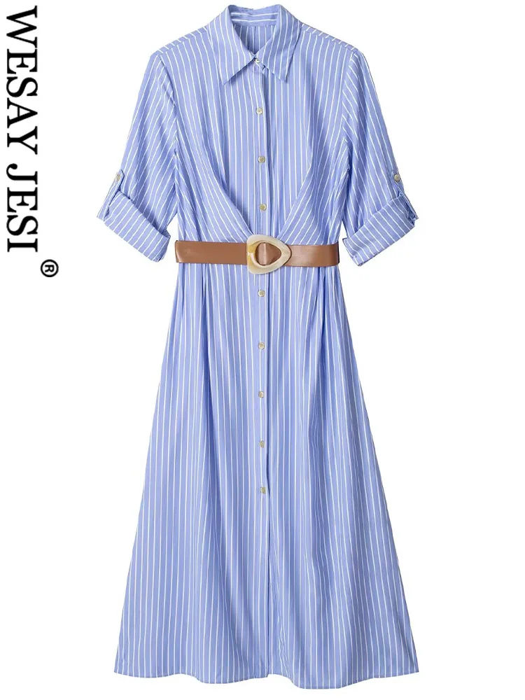 

WESAY JESI TRAF Women New Casual Blue Striped Cotton Loose Shirt Dress With Office Lady Belt Long Sleeve Chic Ladies Midi Dress