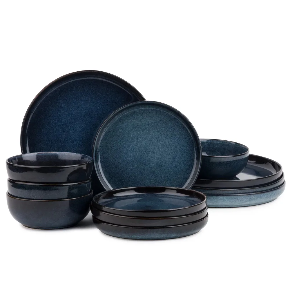 

12-Piece Stoneware Dinnerware Set, Atlantic Blue Serving Ware Kitchen Dish Dinner Plates