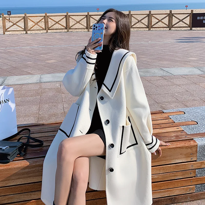 

Navy Collar Windbreaker Coat Female Autumn and Winter 2021 New Temperament Goddess Fan Korean Version of Hepburn Woolen Coat