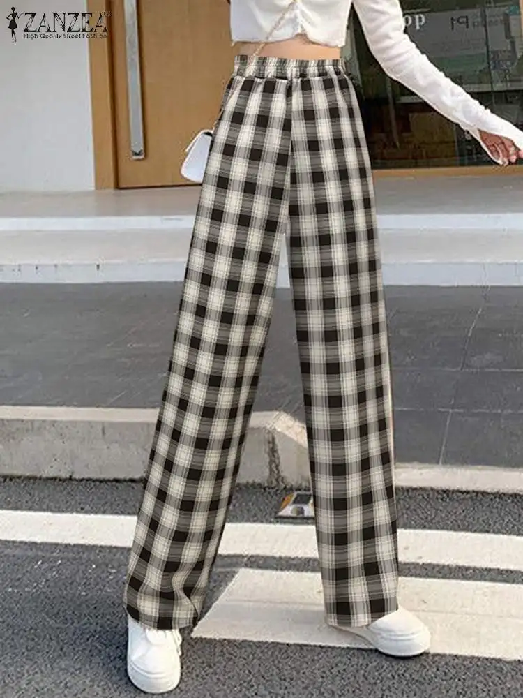 

ZANZEA Female Plaid Pants Korean Fashion Pockets Checked High Waist Pantalon Casual Loose Women 2023 New Streetwear Long Trouser