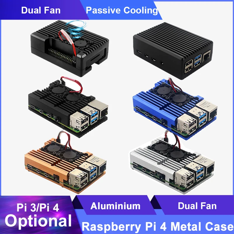 Raspberry pi Alumínio Liga Metal Case Gabinete do Ventilador de Refrigeração Raspberry pi Caixa de Ventilador Duplo Opcional para Rpi 4b 3b Plus