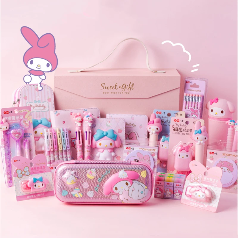 Sanrio Stationery Set Gift Box Cute My Melody Hello Kitty Pencil Case Gel Pen Memo Pad Eraser Notebook Kids Girl School Supplies