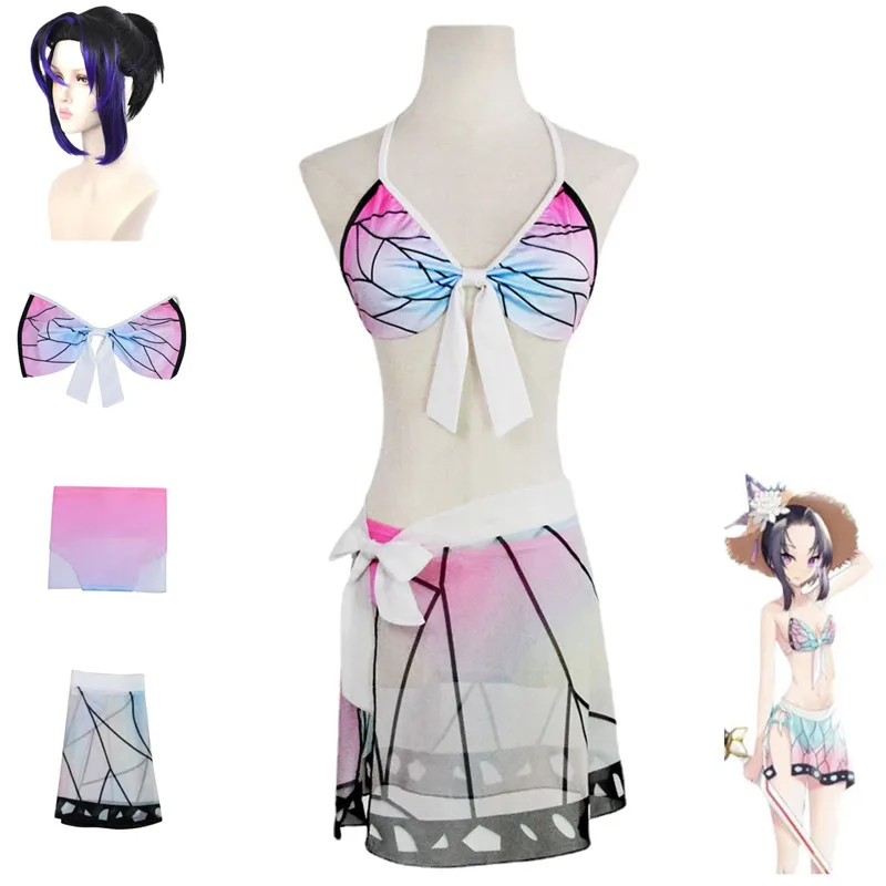 

Anime Demon Slayer Kochou Shinobu Cosplay Costume Wig Bikini Beach Summer Swimsuit Aldult Woman Sexy Kawaii Party Carnival Suit