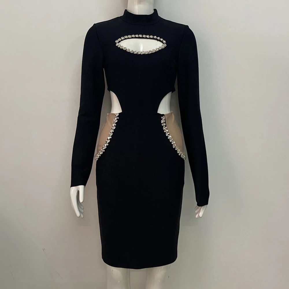 2022 Autumn New Women's Long Sleeve O-Neck Hollow Out Shining Diamond Bodycon Bandage Black Elegant Mini Party Dress Vestidos