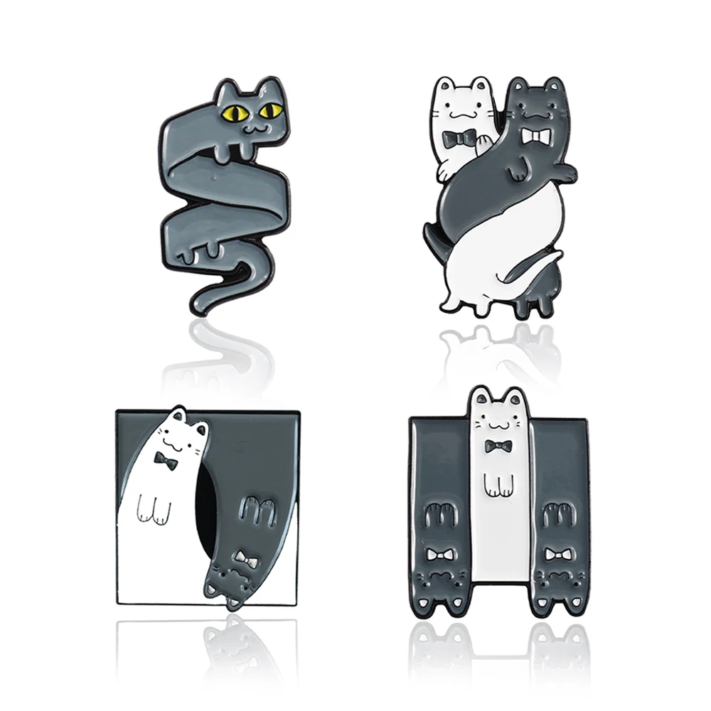 

Cartoon Cats Enamel Pins Black White Kitty Handbag Backpack Brooch Lapel Badges Jewelry Gift for Kids Friends