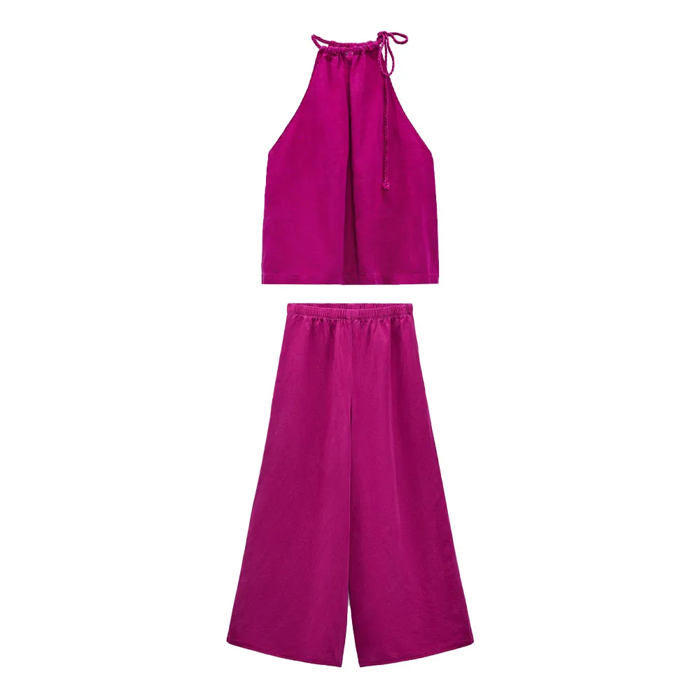 

Zach AiIsa's new women's temperament sleeveless linen halter neck top + linen blended fabric elastic high waist wide leg pants