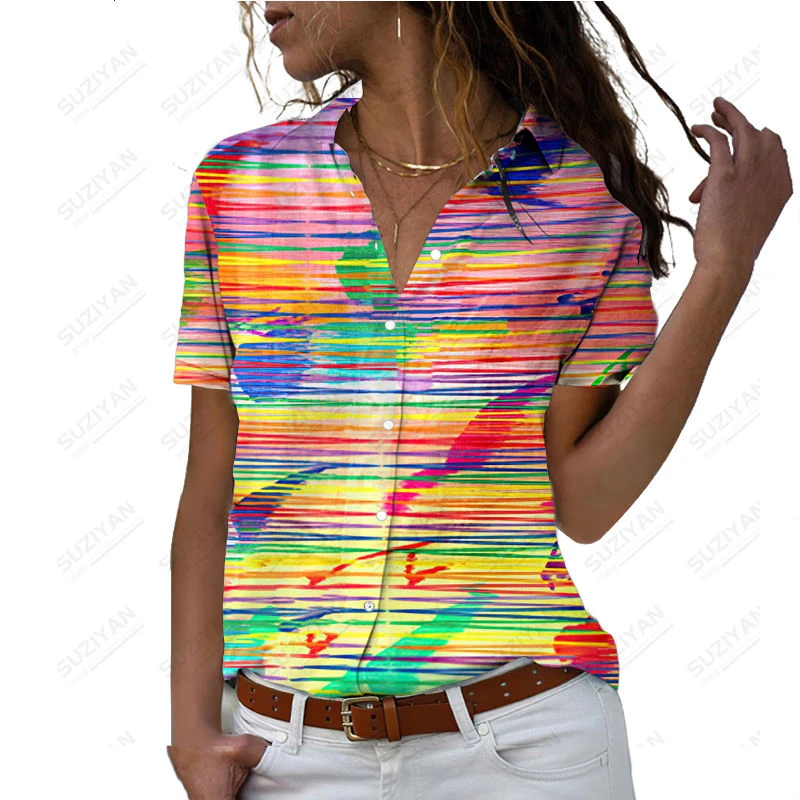 

Summer Short Sleeve Casual Top Women's Shirt 3D Print Plus Size 2023 New Rainbow Color Dye Gradient Slim Fit Simple Top