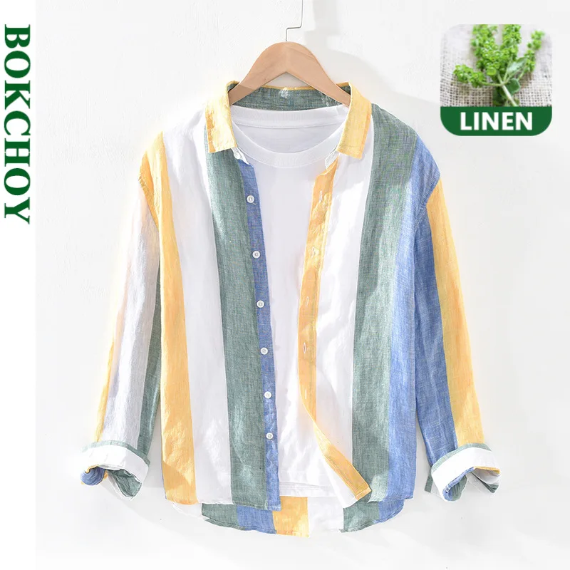 Striped Linen Shirts for Man Pure Hemp Made Breathable Comfortable Long Sleeve Loose  Autumn Winter New GML03-1938