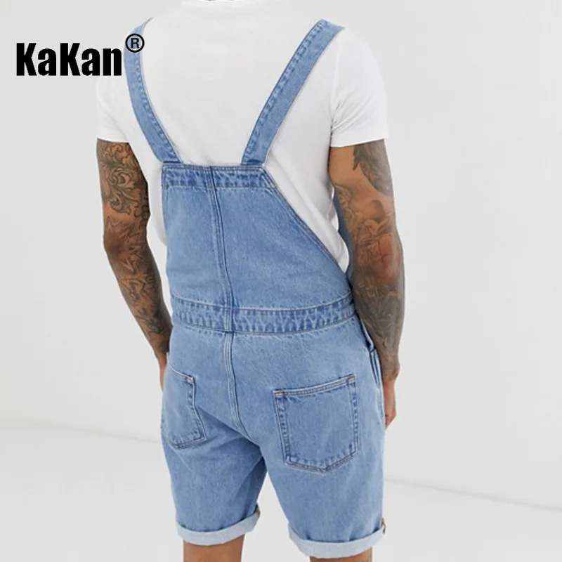 Kakan European and American New Style Suspender Baby Blue Jeans Shorts for Men, Popular Tattered One-piece Shorts K34-509