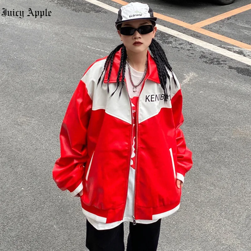 Juciy Apple Bomber Woman Varsity Jacket Red Pu Leather Jacket American High Street Retro Vintage Long Sleeve Baseball Jackets