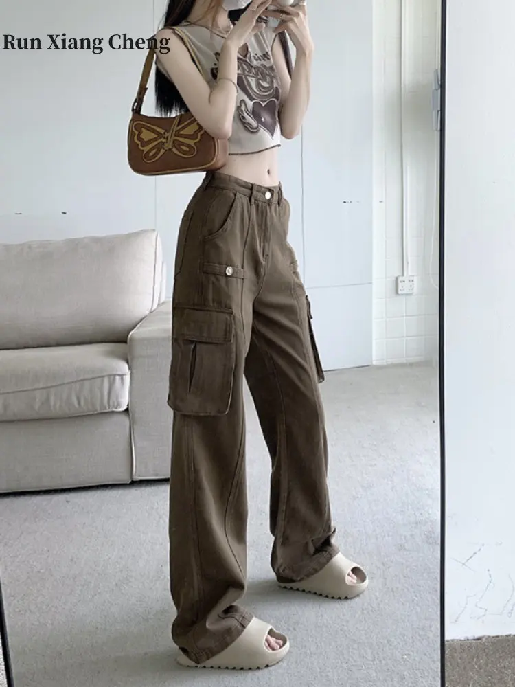 Women's Pants 2023 New Fashion Denim Cargo Pants Y2k Vintage High Waist Loose Slim Pocket Trousers Streetwear Wide Leg Pants