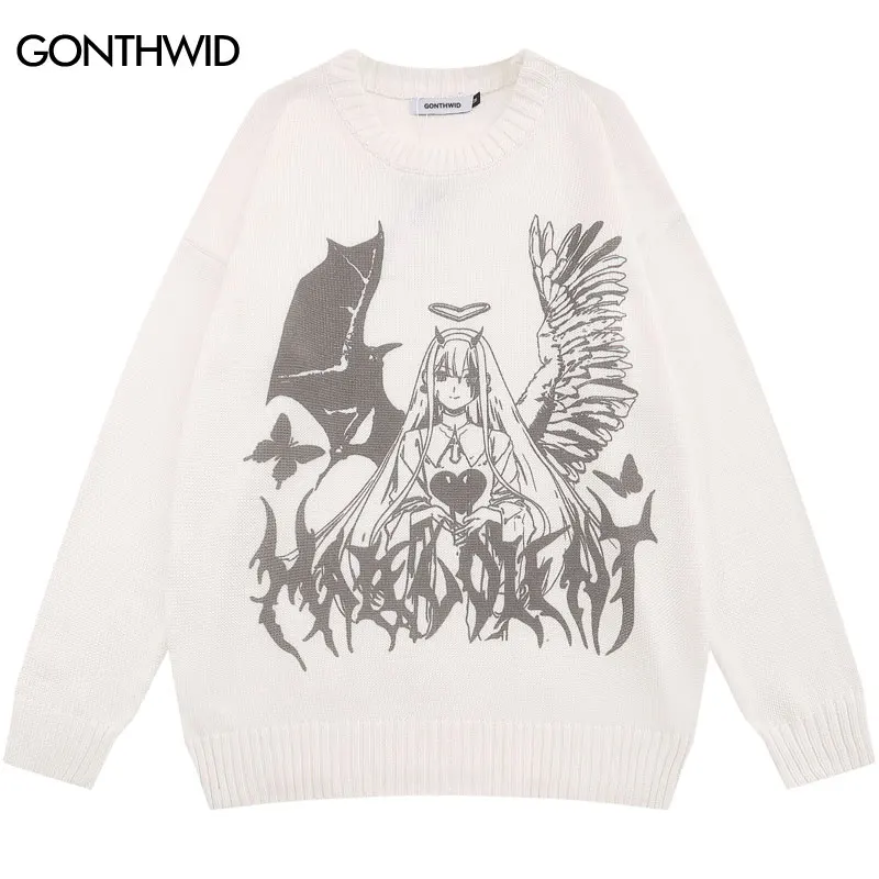 

Женский трикотажный джемпер в стиле японского аниме, Свободный пуловер в стиле хип-хоп с рисунком в виде ангела и сердца, Y2K, 2023