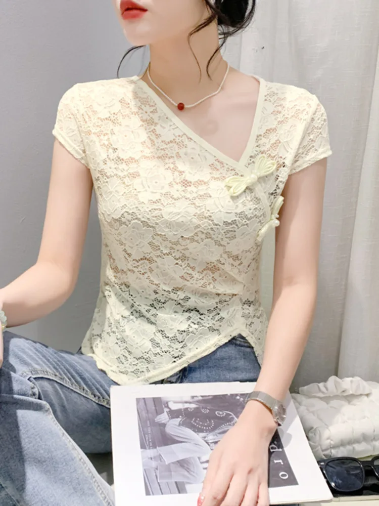 # 7244 Черная бежевая кружевная футболка цвета хаки женская с косым воротником