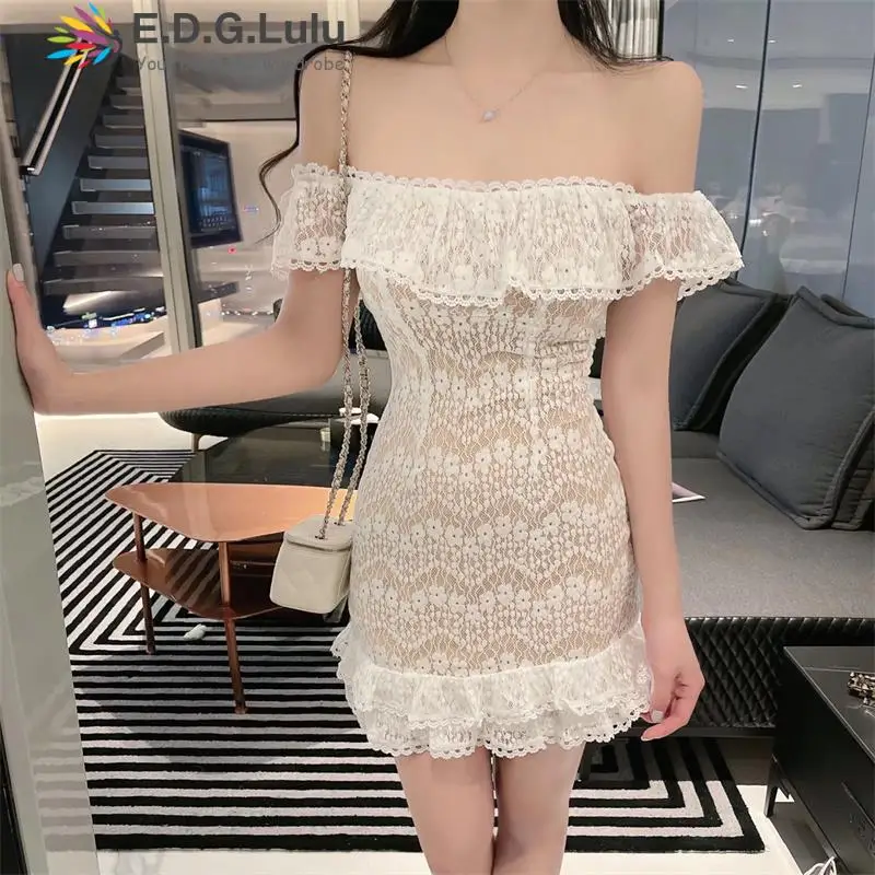 

EDGLuLu Sexy Square Neck Ruffles Off The Shoulder Summer Dress Women 2022 Backless Elegant Party White Lace Dress 0301