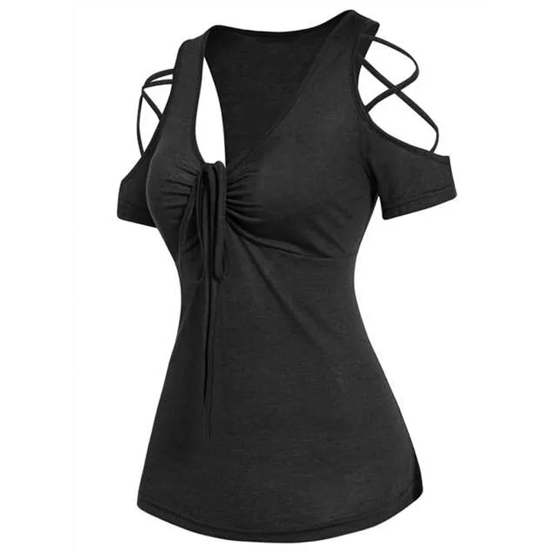 

Black Color Cold Shoulder Crossover Short Sleeve T-shirt For Female Casual Daily Cinched Ruched Bust V Neck Tee For Summer