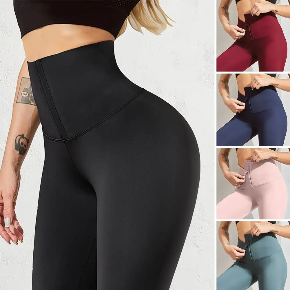 Yoga Leggings Double Row Hook And Eye Closure High-waisted Tummy Control Hip Lifting Stretchy Push Up Solid Women Workout Pants