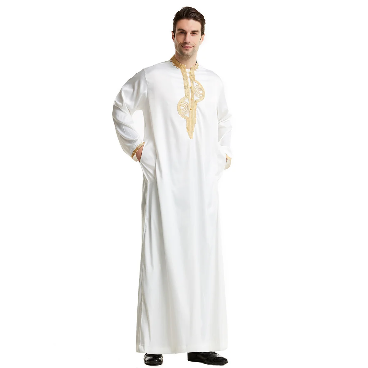 Abaya For Men Muslim Spring Summer Arab Islam Pakistan Robe Upright Collar Embroidery Pure Color Robe Muslim Men Clothing