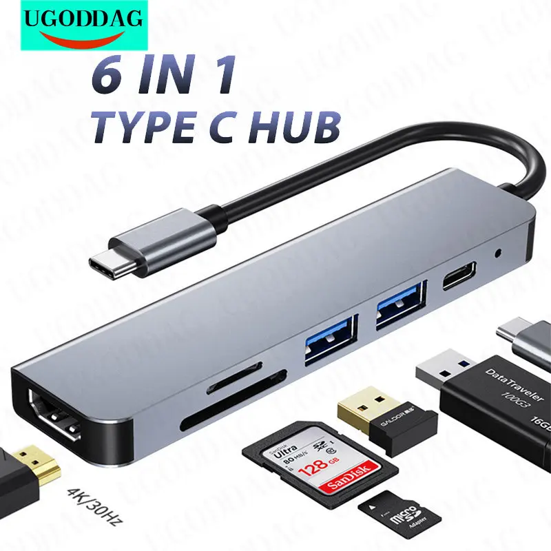 

Type C Usb Hub 6 In 1 Usb3.0 Otg Adapter 2 Usb C HDMI-compatible Tf Sd Solt Pd Charger Splitter for PC Laptops Usbc Hub Computer