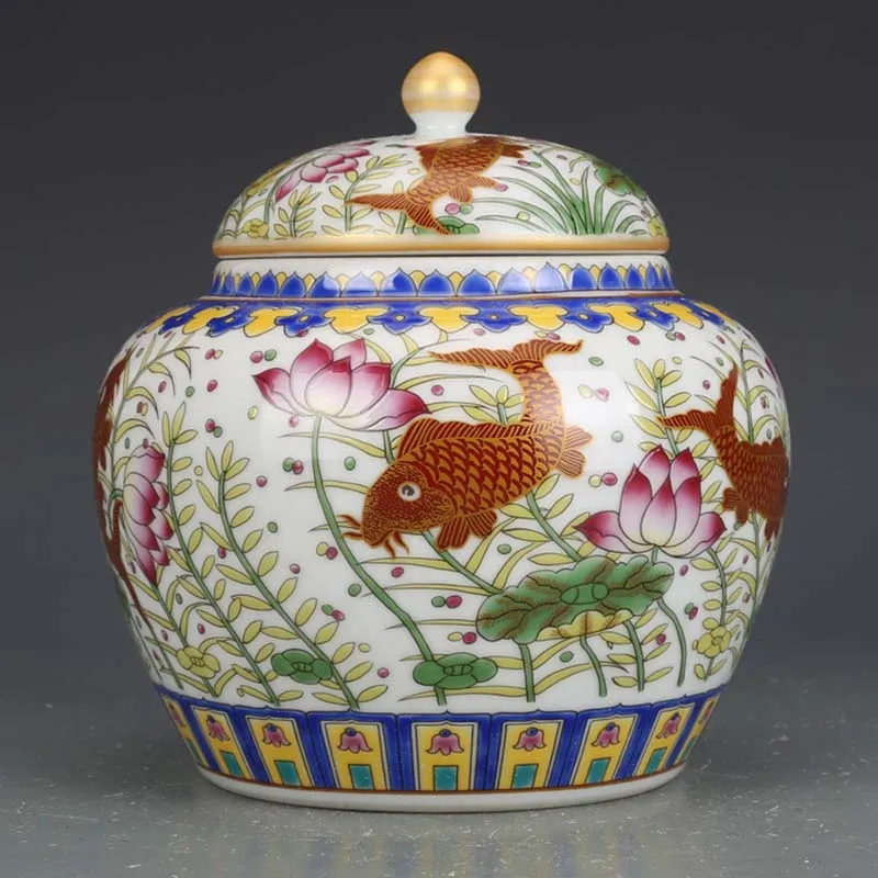 

Colorful Fish Lotus Ceramic Canister Coffee Storage Jar with Lid Asian Decor Vintage Enamel Pot Tea Ginger Jar Antique Porcelain